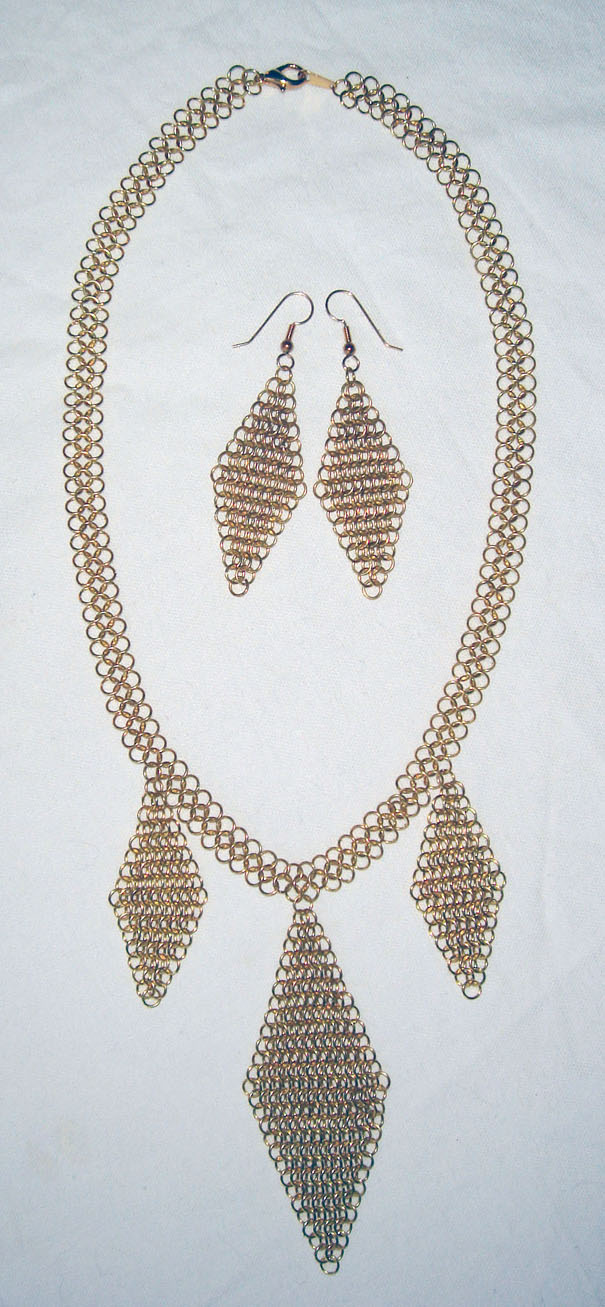 Brass European-Four Diamond-Shape Necklace and Earring Set