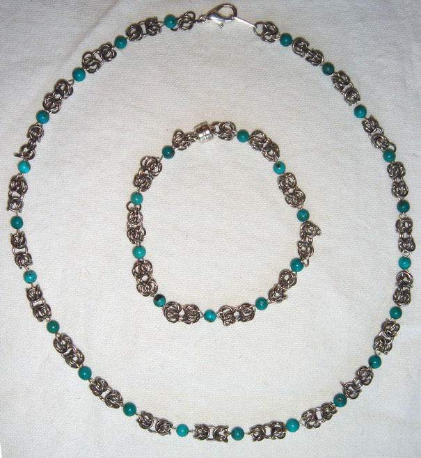 Nickel and Turquoise Byzantine Necklace and Bracelet Set